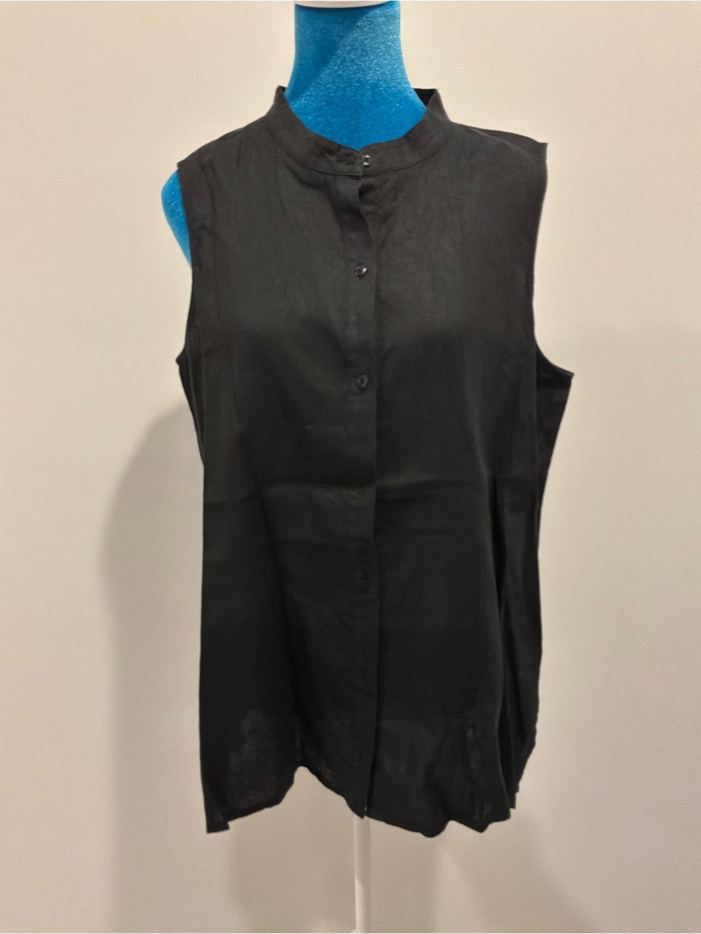 Eileen Fisher Black Sleeveless Button-Front Band-Collar Top